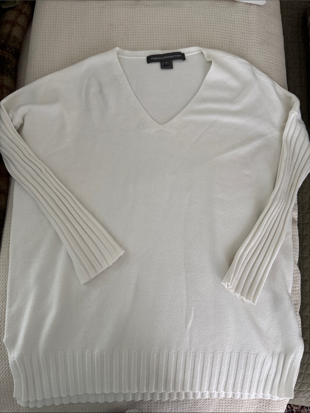 French Connection Off-White V-Neck Ribbed-Sleeve Sweater